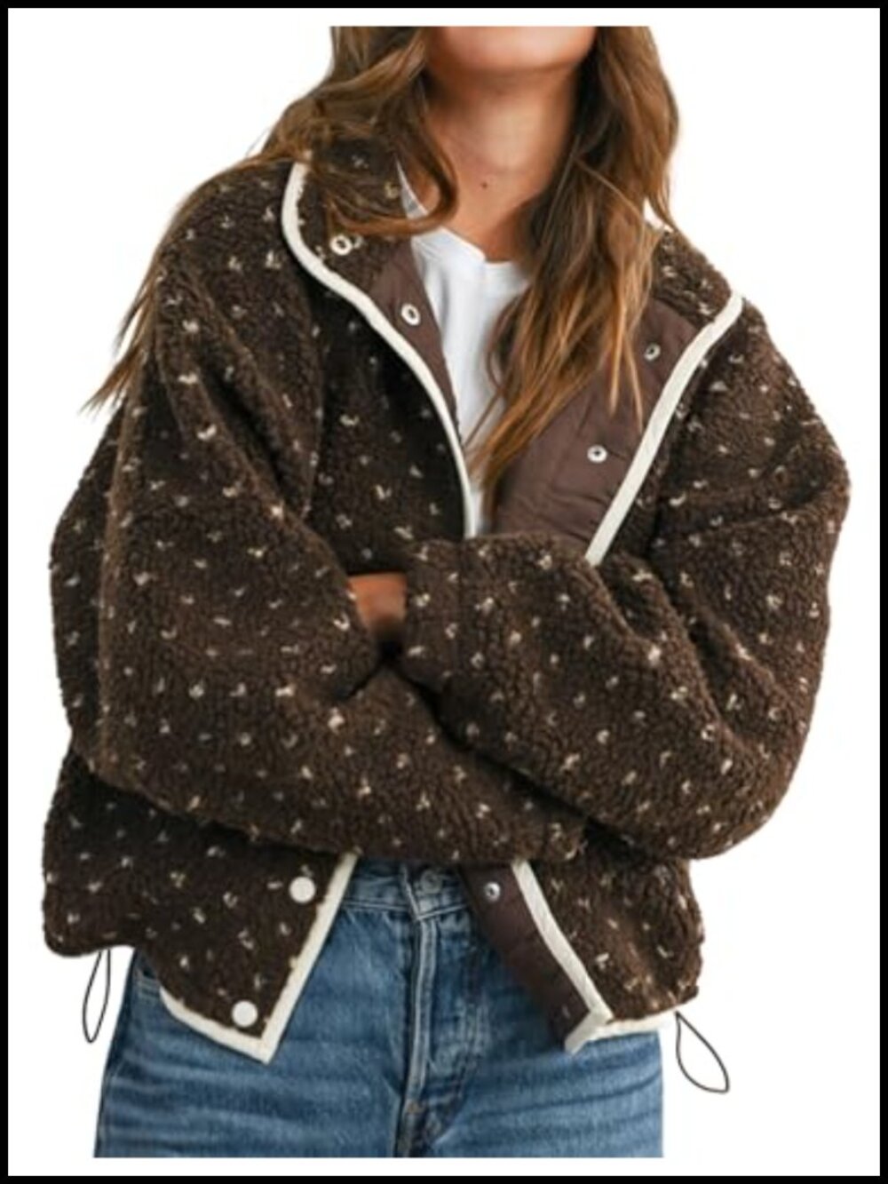 Meyhad Fleece Sherpa Jacket Button Down Quilted Long Sleeve Contrast Trim